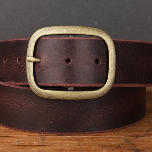 Oxblood Purple Maroon Burgundy Leather Belt with Antique Brass Buckle - Handmade in USA Groomsmen Wedding Gift - Full Grain Unisex Snap Belt