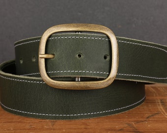 Forest Green Stitched Leather Belt Antique Brass Buckle Handmade in USA Groomsmen Wedding Full Grain Water Buffalo Unisex Vintage Snap Belt