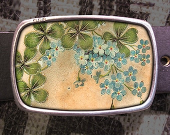 Leather Belt With Lucky Belt Buckle, Irish Four Leaf Clover  display picture 3