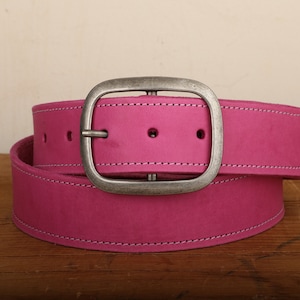Pink Leather Belt with White Stitch and Snap Closure - Handmade in USA - Unisex Wide Antique Silver Tone Buckle