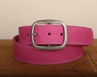 Pink Leather Belt with White Stitch and Snap Closure - Handmade in USA - Unisex Wide Antique Silver Tone Buckle