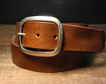 Brown Leather Belt with Silver Buckle Handmade in USA Groomsmen Wedding Gift - Full Grain Unisex Belt