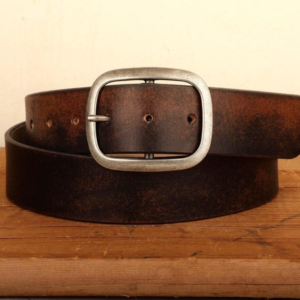 Ceinture en cuir effet vieilli pour homme avec boucle en argent vieilli - Fermeture à pression
