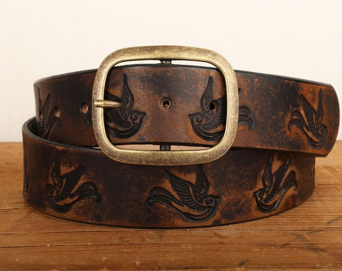 Sparrow Distressed Leather Belt | Handmade Full Grain Leather Western Belt | Vintage Bird Embossed Snap Belt