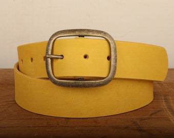 Yellow Leather Belt Snap Closure - Handmade in USA - Unisex Wide Antique Gold Tone Brass Buckle