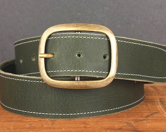 Forest Green Water Buffalo Stitched Leather Belt with Antique Brass Buckle Handmade in USA