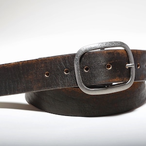 Vintage Distressed Black Brown Leather Belt 100% Real Leather Full Grain Veg Tan Aged with Antique Silver or Brass Buckle image 3