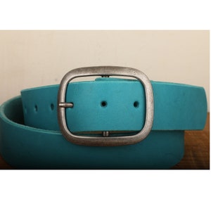 Turquoise Leather Belt Snap Closure Handmade in USA Unisex Wide Antique Silver Tone Nickel Buckle image 7