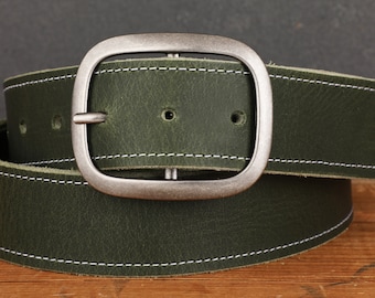 Unisex Leather Belt, Forest Green Water Buffalo with White Stitching (Snap Buckle, Custom Sizes)