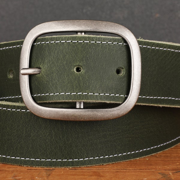 Unisex Leather Belt, Forest Green Water Buffalo with White Stitching (Snap Buckle, Custom Sizes)