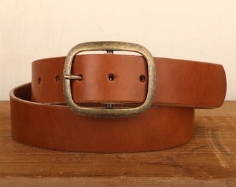 Medium Tan Brown Bridle Leather belt with Brass Buckle - Leather Snap Closure Belt - Handmade in USA  - Unisex Gift