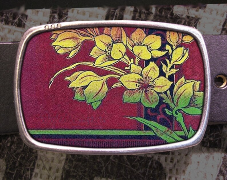 Floral Fade Antique Book Cover Belt Buckle, Vintage Inspired Art Deco Gift for Him or Her Husband Wife Gift Wedding Flowers 90's Victorian image 1