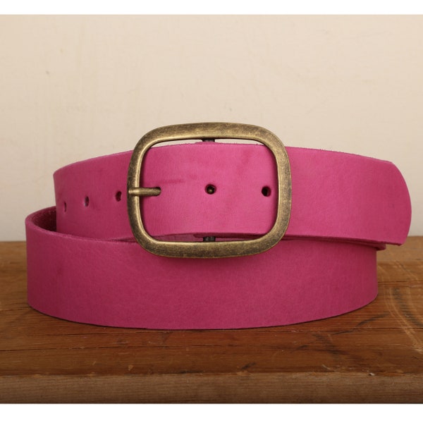 Pink Leather Belt Snap Closure - Handmade in USA - Unisex Wide Antique Brass Buckle