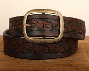 Western Embossed Leather Belt, Vintage Aged Black Brown Distressed Custom Full Grain Snap Belt Made in USA Gift for Him or Her Unisex