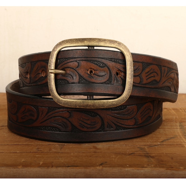 Western Embossed Leather Belt, Vintage-Style Black Brown Distressed Custom Full Grain Snap Belt Made in USA Gift for Him or Her Unisex