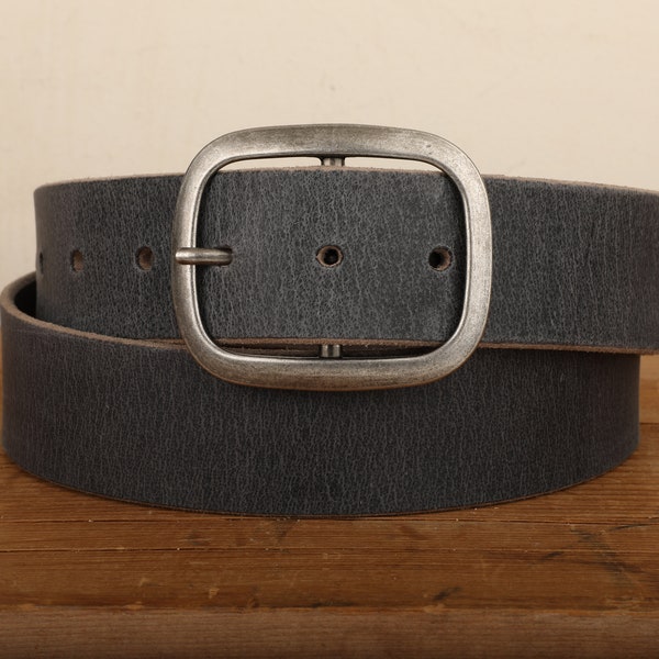 Steel Grey Leather Belt with Antique Silver Buckle - Handmade in USA - Gunmetal Water Buffalo Unisex Snap Belt