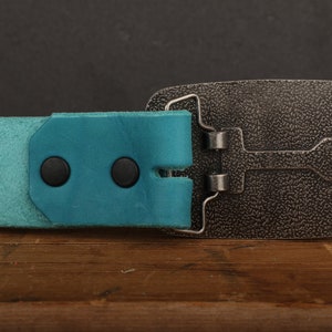Turquoise Leather Belt Snap Closure Handmade in USA Unisex Wide Antique Silver Tone Nickel Buckle image 6