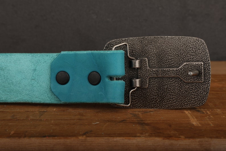 Turquoise Leather Belt Snap Closure Handmade in USA Unisex Wide Antique Silver Tone Nickel Buckle image 6