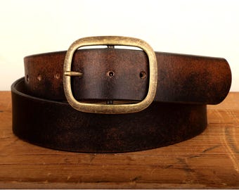 Distressed Leather Belt for Men with Antique Brass Buckle - Full Grain Brown and Black Rustic Vintage-Style Aged Snap Belt
