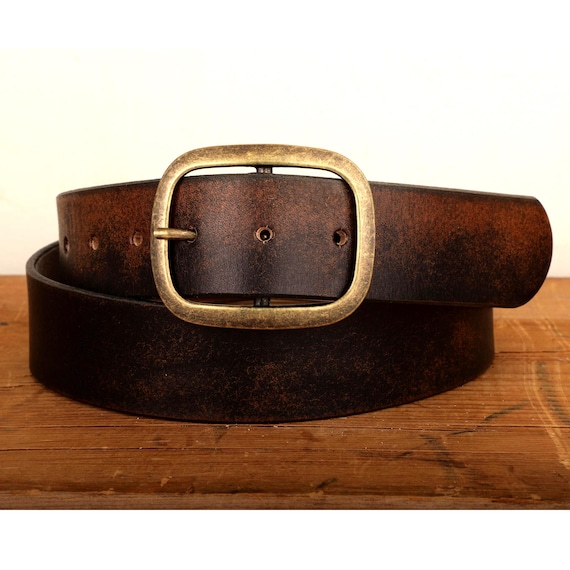 Distressed Leather Belt for Men With Antique Brass Buckle - Full