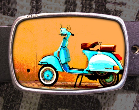 Vintage Canadian Scooter Print Belt gunmetal belt buckle Leather belt with Vespa scooter belt buckle in 4 cm width main image 3