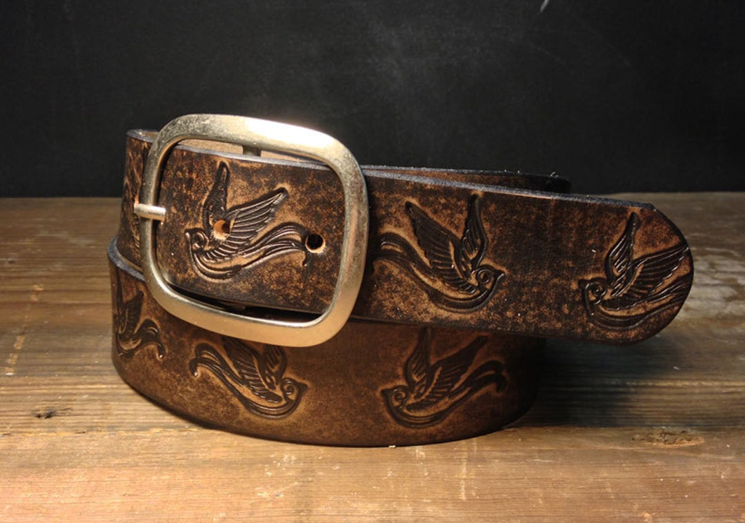 Leather Belt Sparrow Vintage Aged Leather Belt Embossed - Etsy