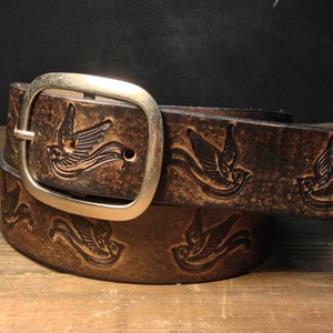 Leather Belt Sparrow Vintage Aged Leather Belt Embossed Sparrow Snap ...