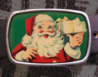 Santa Claus Belt Buckle Vintage-Style Christmas Card Holiday Party Outfit Accessory for Leather Belt
