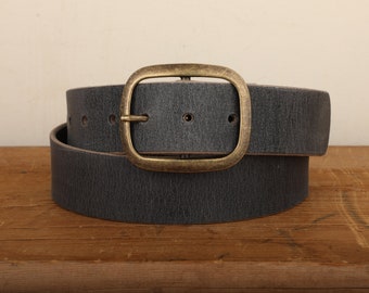 Steel Grey Leather Belt with Antique Brass Buckle - Handmade in USA - Gunmetal Water Buffalo Unisex Snap Belt