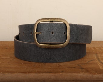 Steel Grey Water Buffalo Leather Belt with Antique Brass Buckle and Snap Closure
