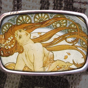 Antique Art Nouveau Brass Tone Woman w/ Long flowing hair Scarf Clip Buckle Art nouveau floral hair - Gem main image 2