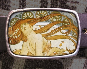 Art Nouveau Belt Buckle, Vintage Mucha Belt Buckle, French Advertising Shabby Chic Y2K Gift for Him Her Husband Wife Groomsmen Wedding Deco