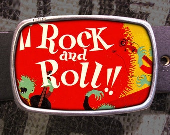 Rock N Roll Belt Buckle, Vintage Inspired, Pop Art 624 Y2K