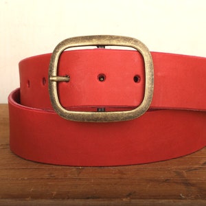 Red Leather Belt - Snap Closure - Handmade in USA - Wide Antique Brass Buckle