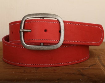 Red Leather Belt with White Stitch - Snap Closure - Handmade in USA - Wide Antique Silver Tone Nickel Buckle