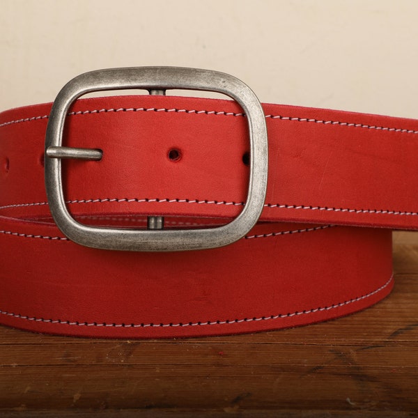 Red Leather Belt with White Stitch - Snap Closure - Handmade in USA - Wide Antique Silver Tone Nickel Buckle