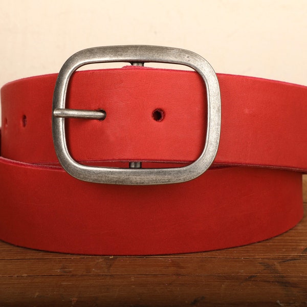 Red Leather Belt - Snap Closure - Handmade in USA - Wide Antique Silver Tone Nickel Buckle