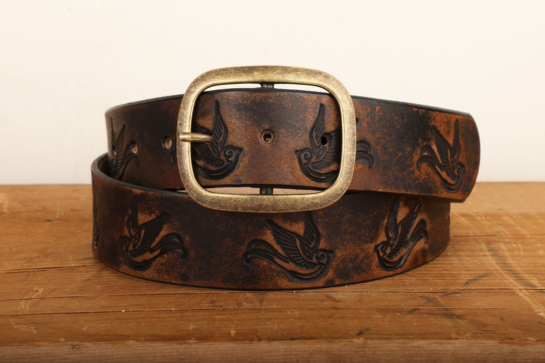 Leather Belt Sparrow Vintage Aged Leather Belt Embossed Sparrow