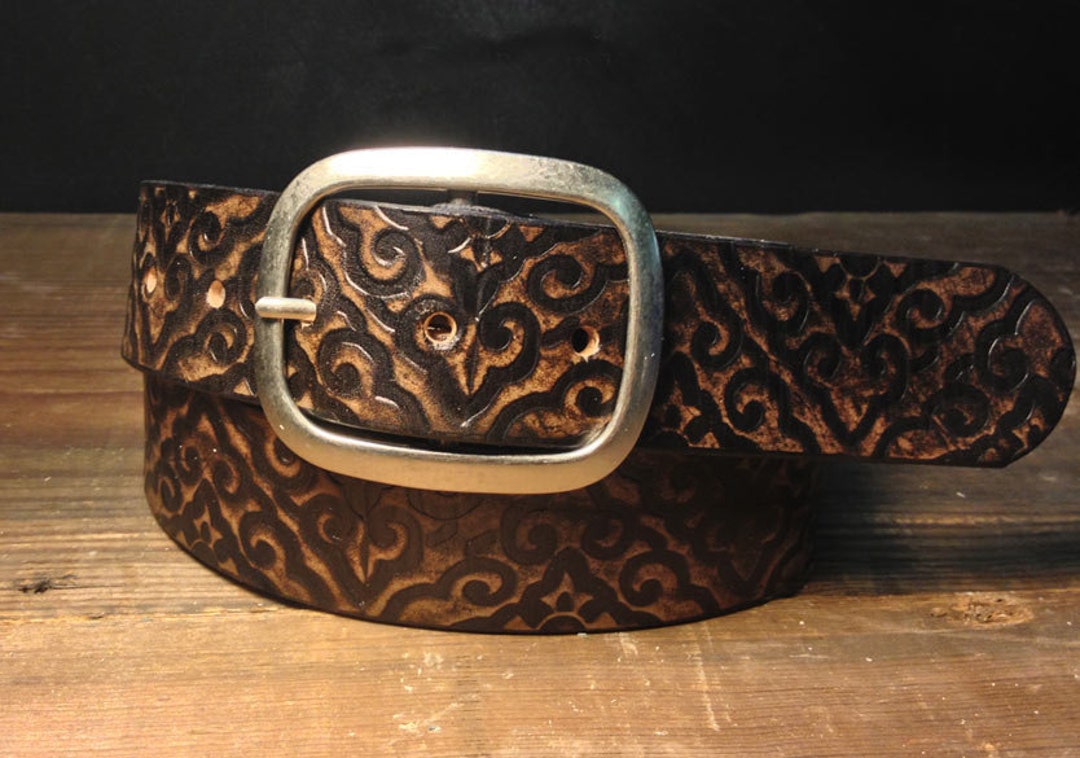 Embossed Leather Belt, Damask Pattern Belt in Vintage Aged Leather Snap ...