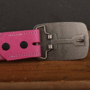 Pink Leather Belt with White Stitch and Snap Closure Handmade in USA Unisex Wide Antique Gold Tone Brass Buckle image 6