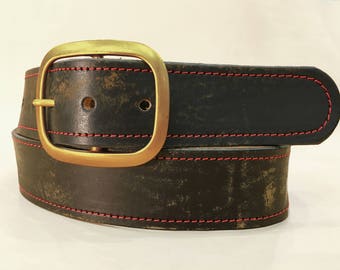 Vintage Aged Black Brown Distressed Red Stitched Custom Full Grain Snap Belt with Brass Buckle Made in USA Gift for Him or Her Unisex