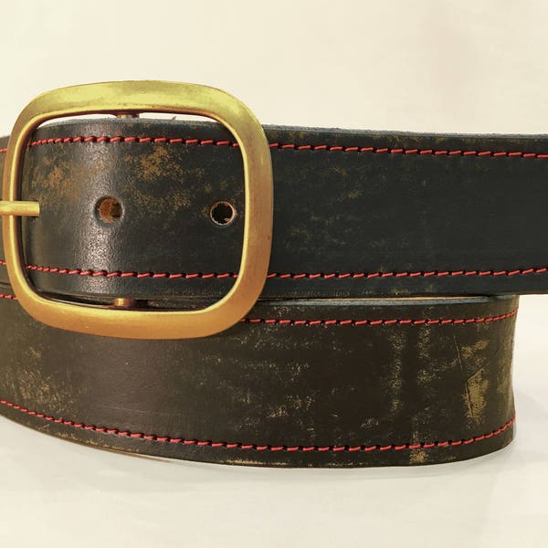 Vintage Aged Black Brown Distressed Red Stitched Custom Full Grain Snap Belt with Brass Buckle Made in USA Gift for Him or Her Unisex