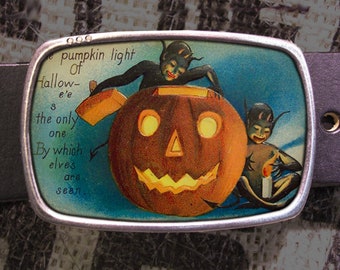 Vintage Halloween Belt Buckle Pumpkin Elves Devil Creepy Candlelight Gift for Him Gift for Her Husband Wife Gift Vintage Postcard Elf Y2K