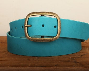 Turquoise Leather Belt Snap Closure - Handmade in USA - Unisex Wide Antique Gold Tone Brass Buckle