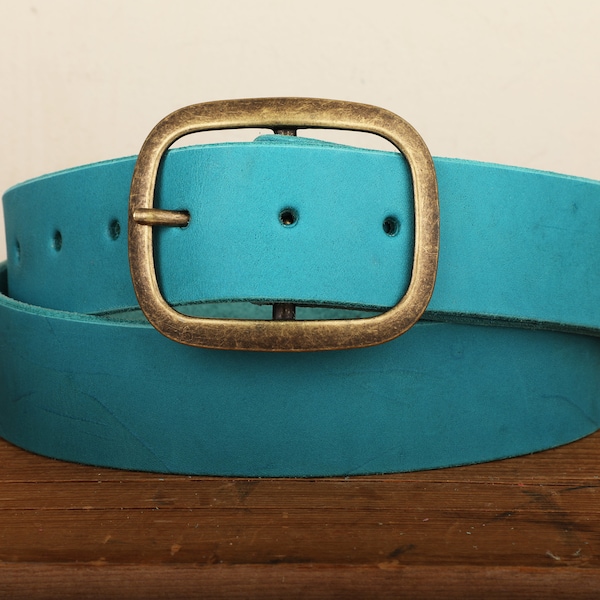 Turquoise Leather Belt Snap Closure - Handmade in USA - Unisex Wide Antique Gold Tone Brass Buckle