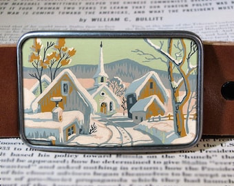 Vintage Paint By Number Painting Belt Buckle Christmas Winter Snow Vintage Ochre Teal Photograph Belt Buckle 997 Groomsmen Wedding Snowman