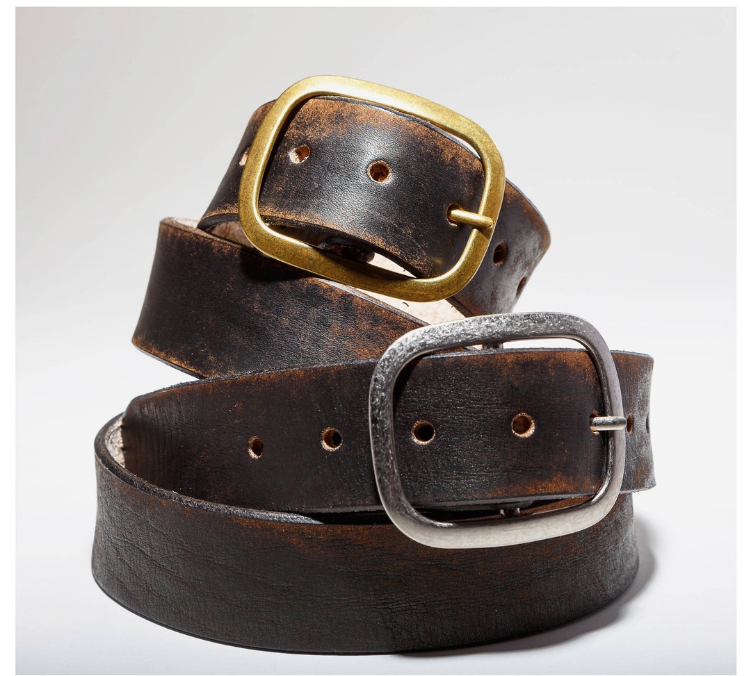 Vintage Distressed Black Brown Leather Belt 100% Real Leather Full Grain  Veg Tan Aged With Antique Silver or Brass Buckle 