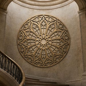 May include: A large, circular, golden-colored decorative element with an intricate, symmetrical design, mounted on a textured wall. The design features floral and geometric patterns. The element is in a grand hall with a staircase.
