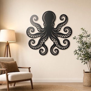 May include: Black metal octopus wall art. The octopus has eight curling tentacles with suction cup details. The art piece is mounted on a neutral-colored wall. The octopus is a decorative element for home decor.