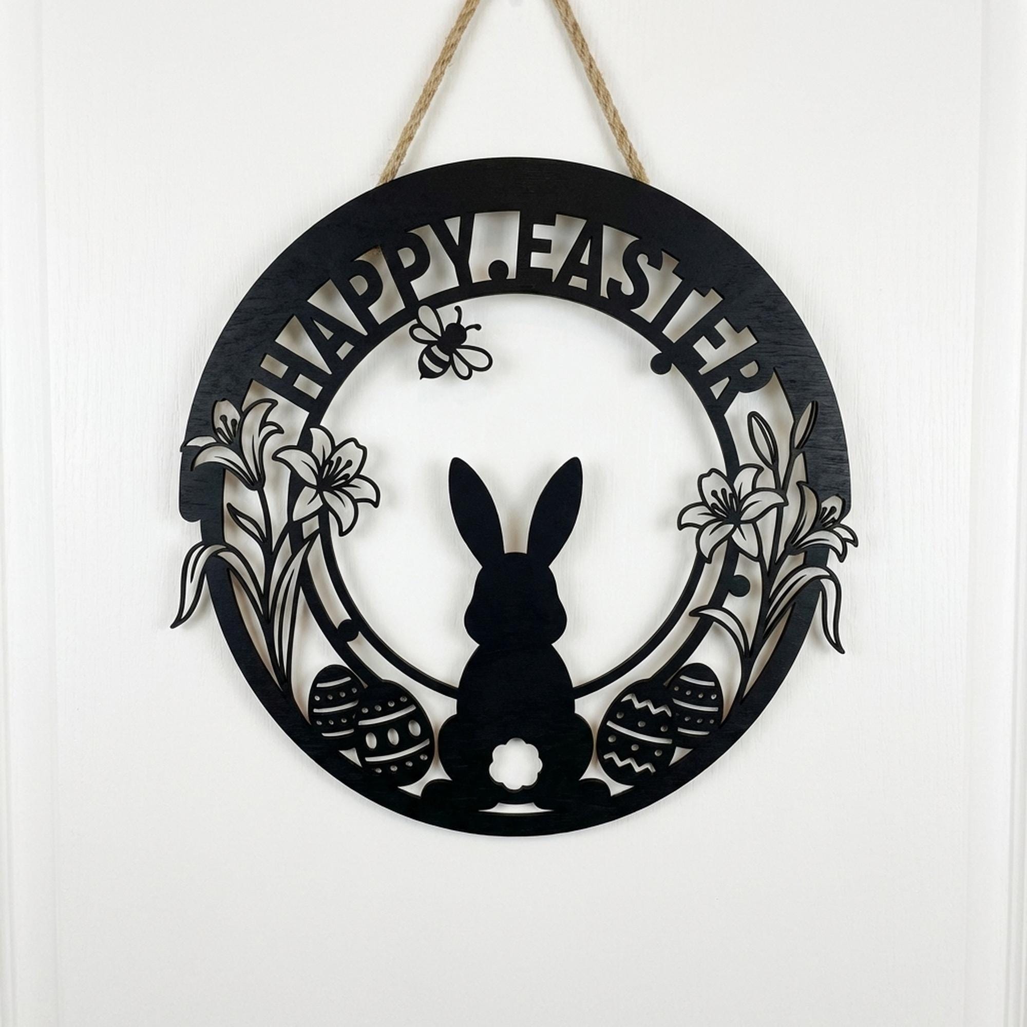 Happy Easter Sign Round Door Hanger Bunny Egg SVG Lily Bee Laser